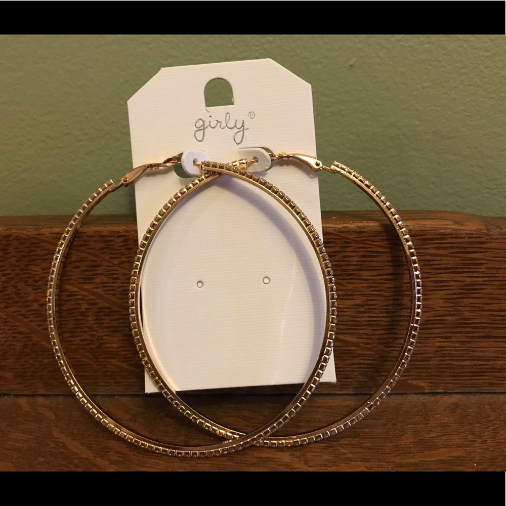 Gold Tone Rhinestone Large Hoop Earrings